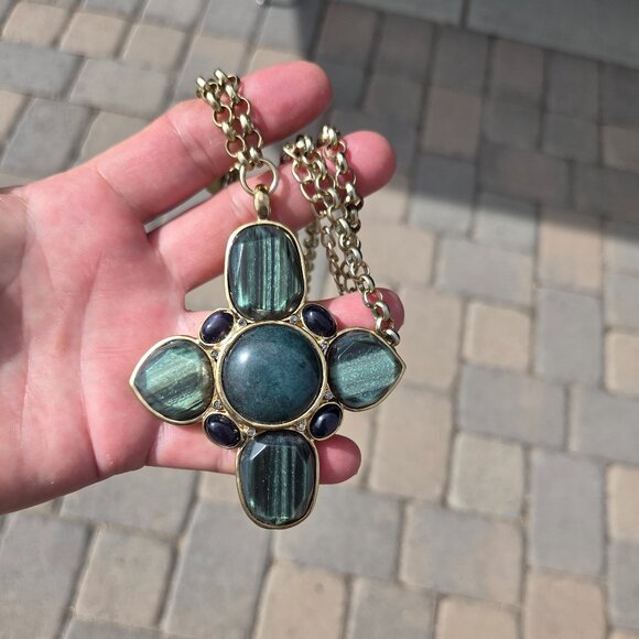 Chico's Goldtone Long Necklace with Chunky Stone Cross Pendant - Picture 4 of 6